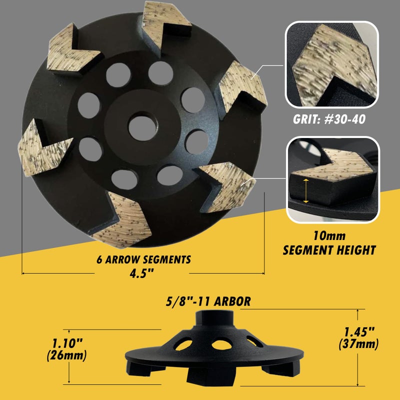 EDiamondTools 4.5" High Performance Diamond Grinding Wheels for Concrete, Paint, Epoxy, Mastic, Coating Removal, #30/40 Grit, 6 Arrow Segments, 5/8"-11 Arbor - Image 3